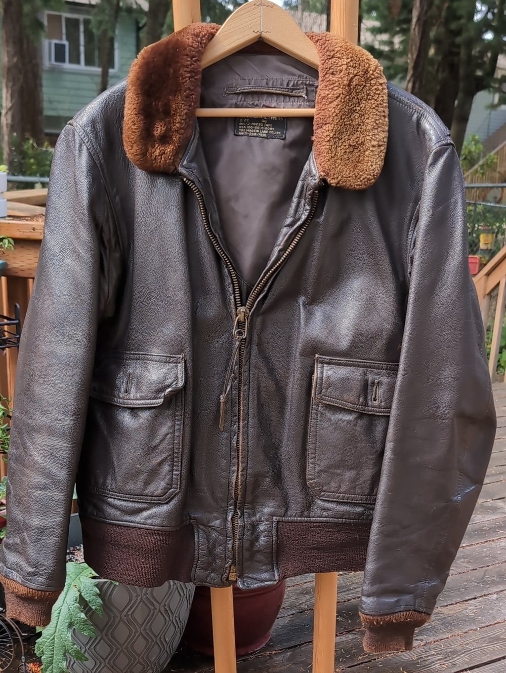 60s Genuine Sherpa Classic Brown Leather Bomber Jacket with Shearling Collar Nav